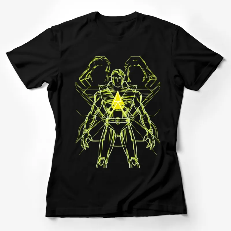 Futuristic Warrior Graphic T-Shirt, Neon Yellow Line Art, Cool Sci-Fi Hero Tee, Unique Illustration Apparel Female T-Shirt