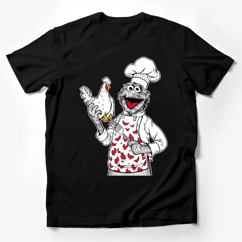 Chef Puppet Holding Chicken Cartoon Graphic T-Shirt, Funny Kitchen Cook Tee, Unisex Adult Clothing Male T-Shirt