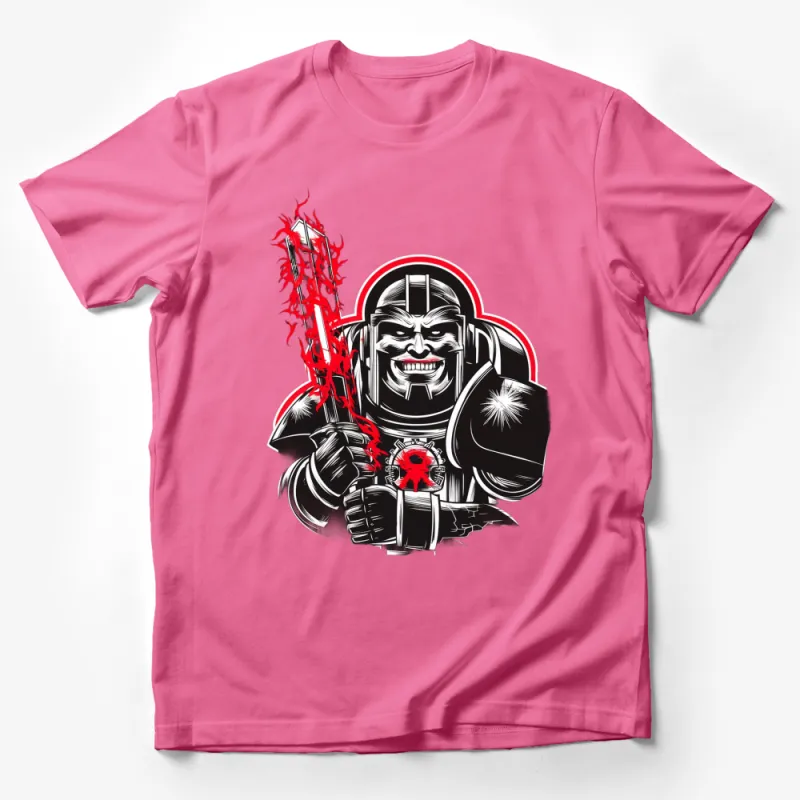 Men's Graphic Tee with Futuristic Warrior Design, Bold Red and Black T-Shirt, Unique Sci-fi Apparel Male T-Shirt