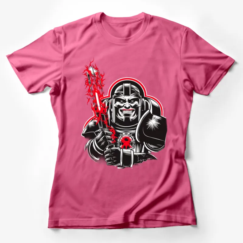 Men's Graphic Tee with Futuristic Warrior Design, Bold Red and Black T-Shirt, Unique Sci-fi Apparel Female T-Shirt