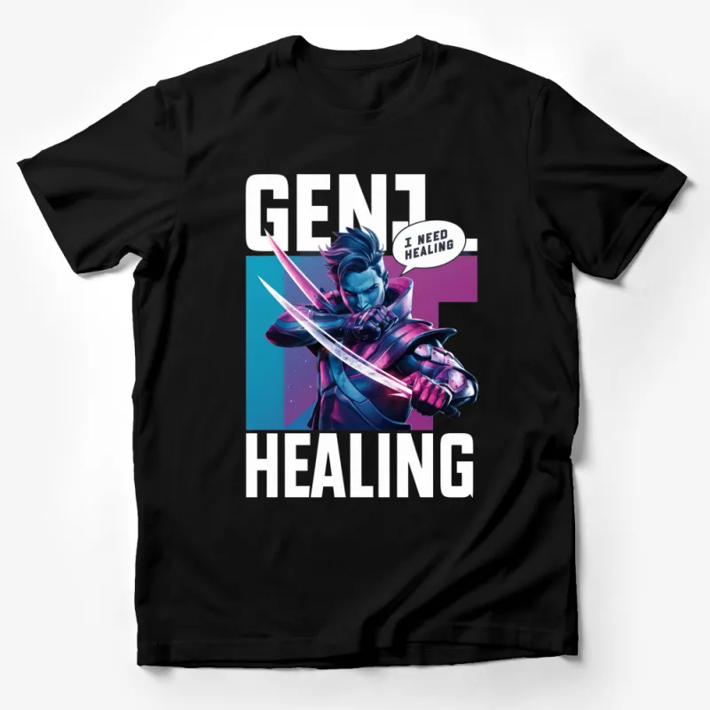 Anime Warrior T-Shirt, Gen1 I Need Healing Quote, Cool Manga Style Hero Tee, Vibrant Colors, Unisex Clothing Male T-Shirt