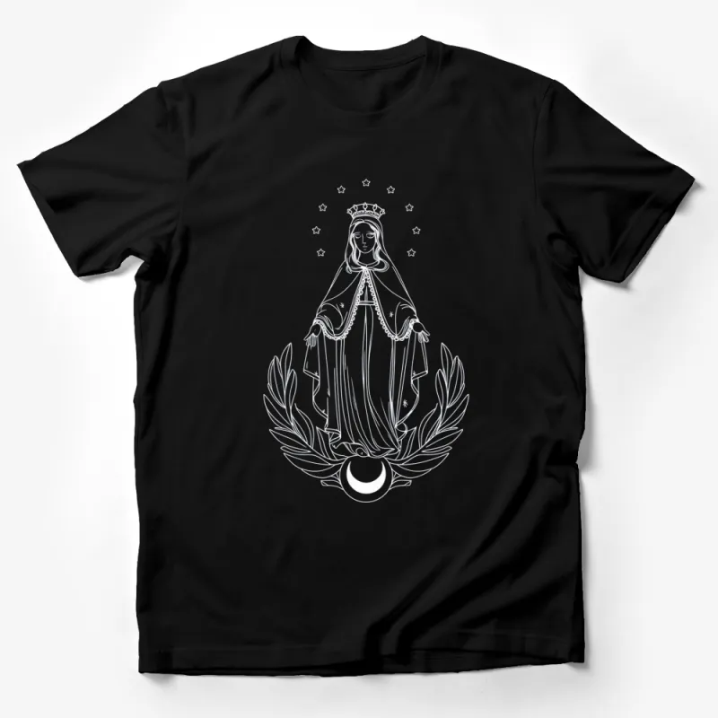 Celestial Virgin Mary Design T-Shirt, Silver Print Aesthetic, Spiritual Religious Apparel, Unisex Clothing Male T-Shirt