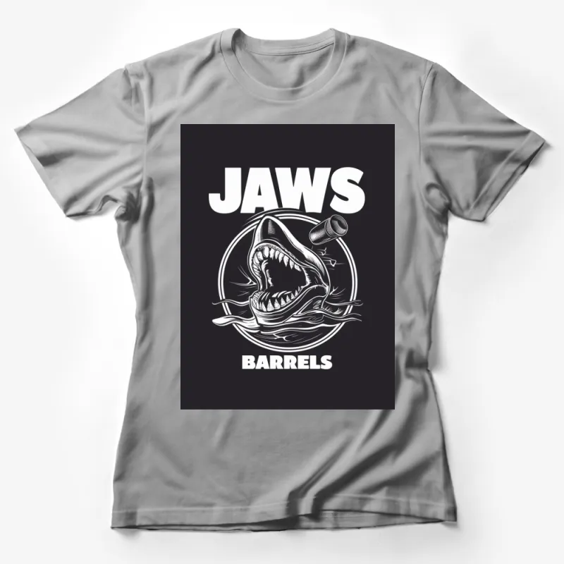 Jaws Barrels Movie T-Shirt, Classic Film Graphic Tee, Retro Style Shark Design, Unisex Apparel Female T-Shirt