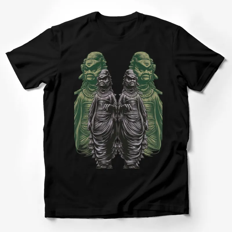 Unique Green Tribal Statue Graphic T-Shirt, Artistic Design Tee, Unisex Fashion Male T-Shirt