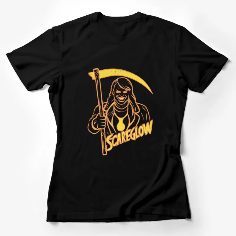 Scareglow Graphic T-Shirt, Vintage Cartoon Style Design, Unique Scythe Holding Glow-In-The-Dark Tee Female T-Shirt