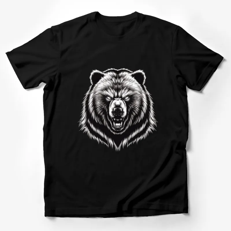 Men's Black T-Shirt With Graphic Angry Bear Design, Bold Grizzly Bear Illustration, High-Quality Cotton Male T-Shirt