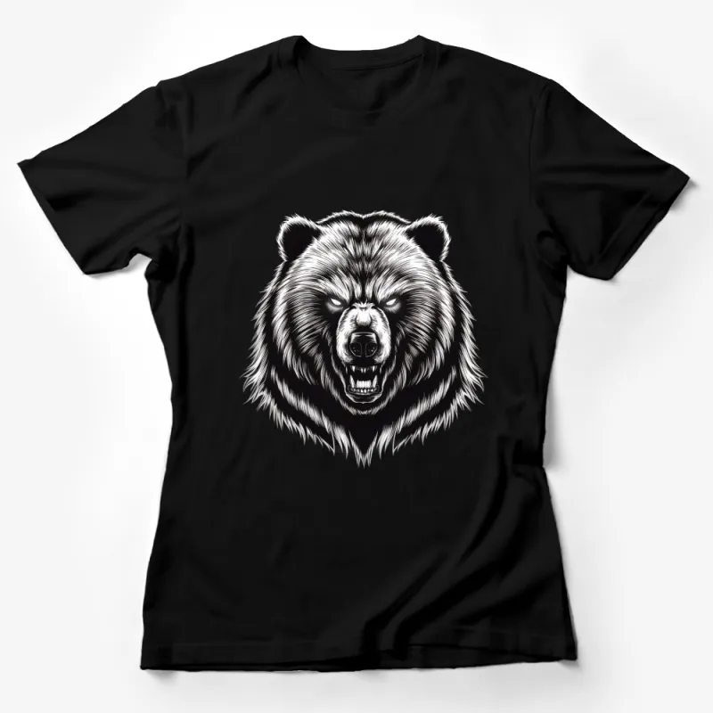 Men's Black T-Shirt With Graphic Angry Bear Design, Bold Grizzly Bear Illustration, High-Quality Cotton Female T-Shirt