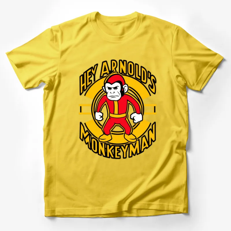 Hey Arnold's Monkeyman Graphic T-Shirt, Vibrant Red and Yellow Cartoon Tee, Unisex Casual Wear Male T-Shirt