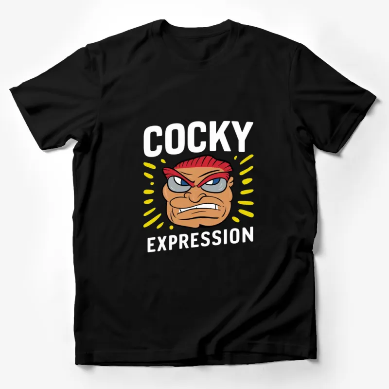 Cocky Expression Cartoon Face T-Shirt, Funny Sarcastic Red Headband Tee, Unique Graphic Print Shirt for Adults Male T-Shirt