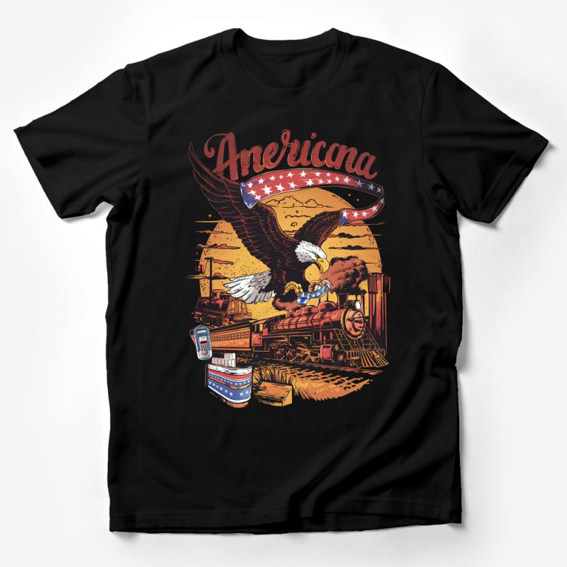 Patriotic Americana T-Shirt, Eagle and Vintage Train Graphic Tee, Unisex Americana Fashion Top, Retro Style USA Pride Shirt Male T-Shirt