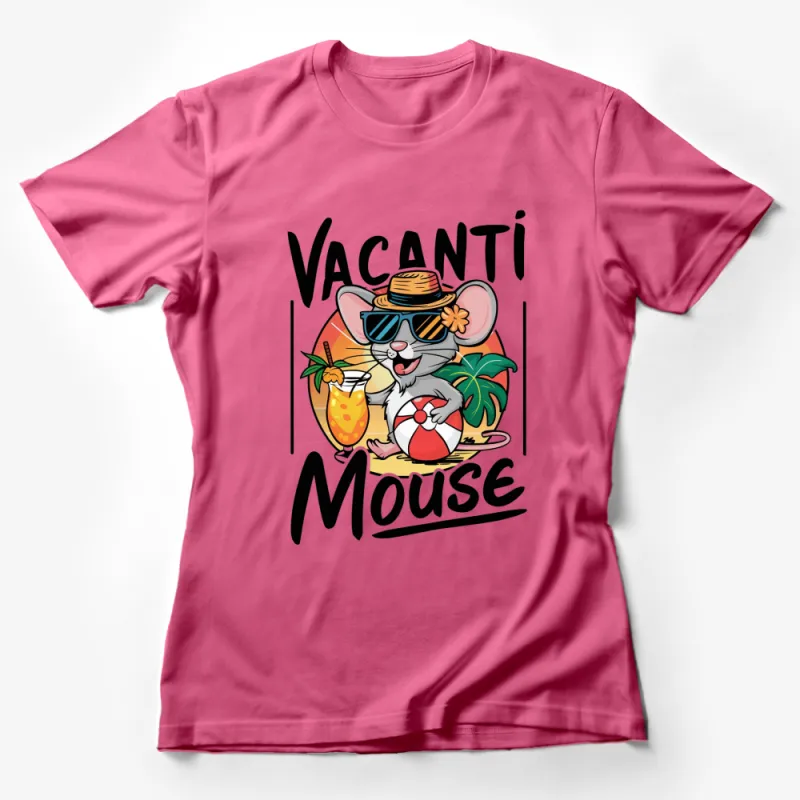 Tropical Vacation Mouse T-Shirt, Cute Beach Mouse with Sunglasses and Drink Graphic Tee, Summer Casual Wear Female T-Shirt