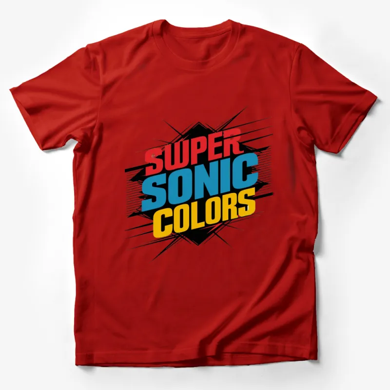 Super Sonic Colors T-Shirt, Bold Graphic Comic Style Tee, Vibrant Text Design Male T-Shirt