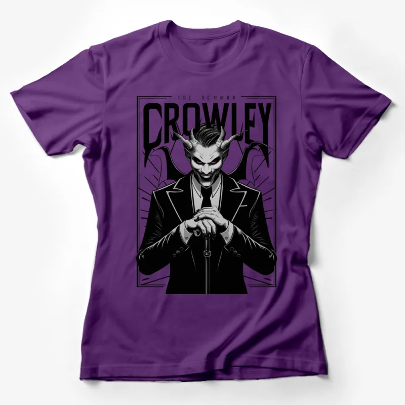 Crowley Demon Graphic T-Shirt, Gothic Style, Dark Fantasy Devil Art, Black and White, Unisex All Sizes Female T-Shirt