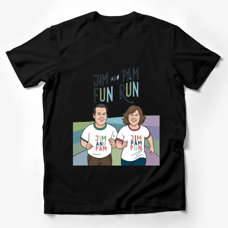 Jim and Pam Fun Run Cartoon Graphic T-Shirt, Office Themed Fan Art Tee, Unisex Male T-Shirt