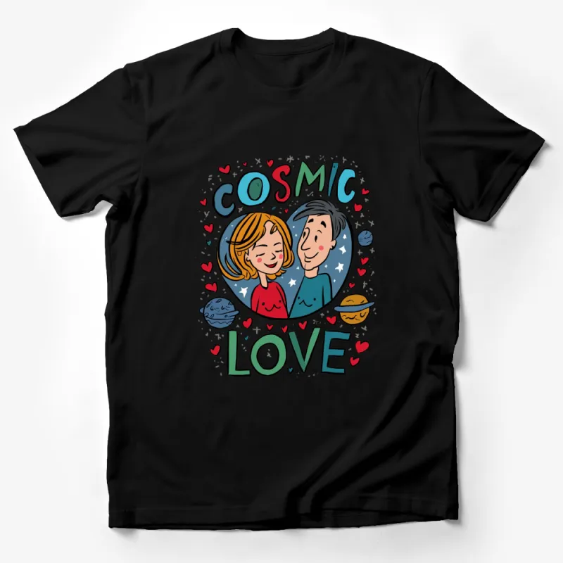 Cosmic Love T-Shirt, Cute Couple Design, Heart and Planets Graphic Tee Male T-Shirt