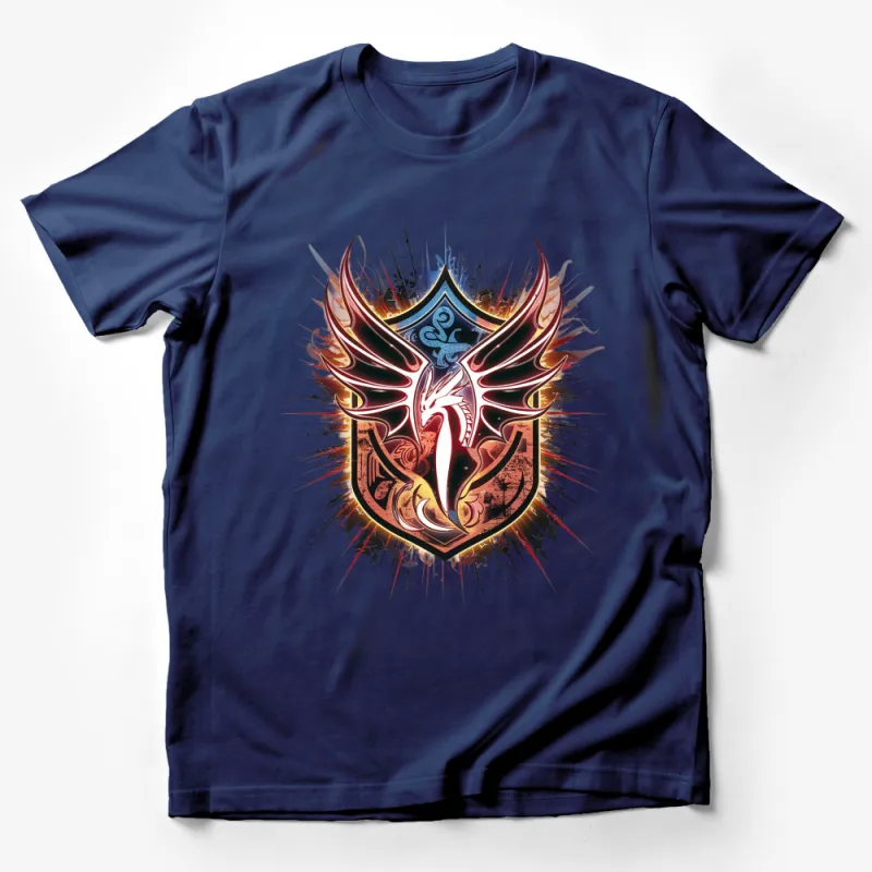 Fantasy Phoenix Shield Graphic T-Shirt, Mystical Fire Bird Emblem Tee, Unique Artistic Design Male T-Shirt