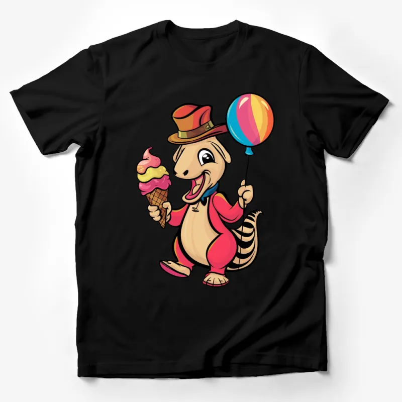 Kids Colorful Cartoon Dinosaur T-Shirt, Cute Dino with Ice Cream and Balloon, Fun Summer Top Male T-Shirt