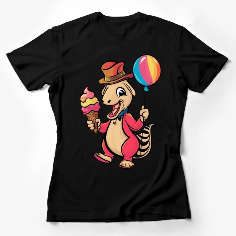 Kids Colorful Cartoon Dinosaur T-Shirt, Cute Dino with Ice Cream and Balloon, Fun Summer Top Female T-Shirt