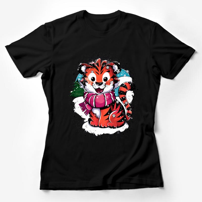 Cute Tiger Cartoon Winter T-Shirt, Unisex Holiday Graphic Tee, Snowy Christmas Animal Shirt, Kids and Adults Female T-Shirt