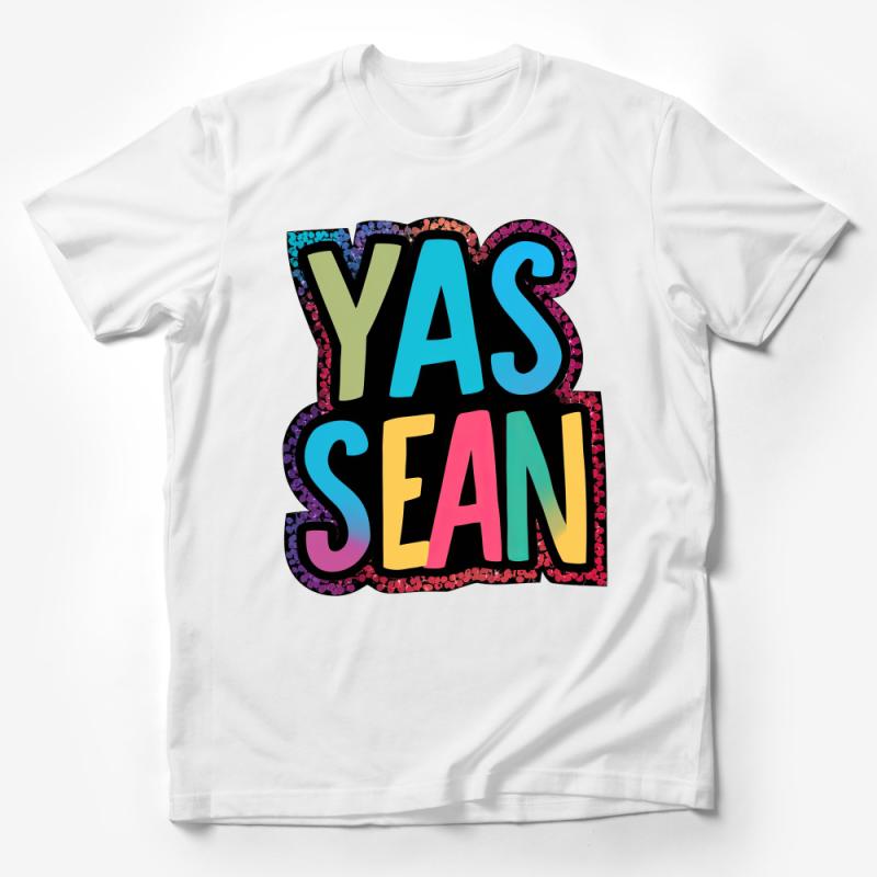 Colorful YAS SEAN Slogan T-Shirt, Vibrant Holographic Style Tee, Fun Party Shirt Unisex, Statement Fashion Top, Unique Graphic Tee Male T-Shirt