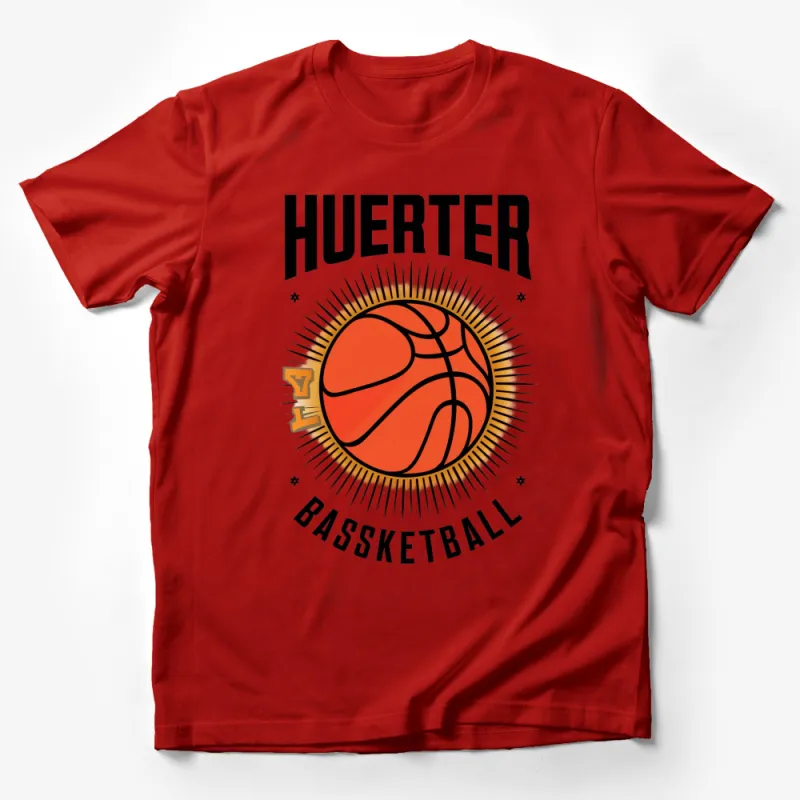 Huerter Basketball Sunburst Graphic T-Shirt, Orange Ball Sports Tee, Unisex Apparel Male T-Shirt