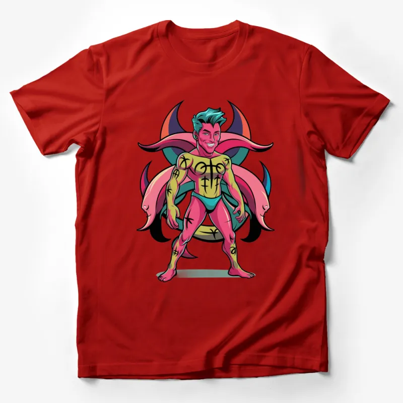 Colorful Fantasy Hero T-Shirt, Unique Superhero Graphic Tee, Vibrant Comic Character Design Shirt Male T-Shirt