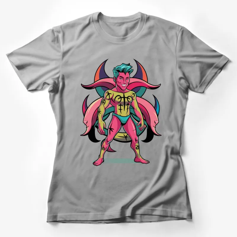 Colorful Fantasy Hero T-Shirt, Unique Superhero Graphic Tee, Vibrant Comic Character Design Shirt Female T-Shirt