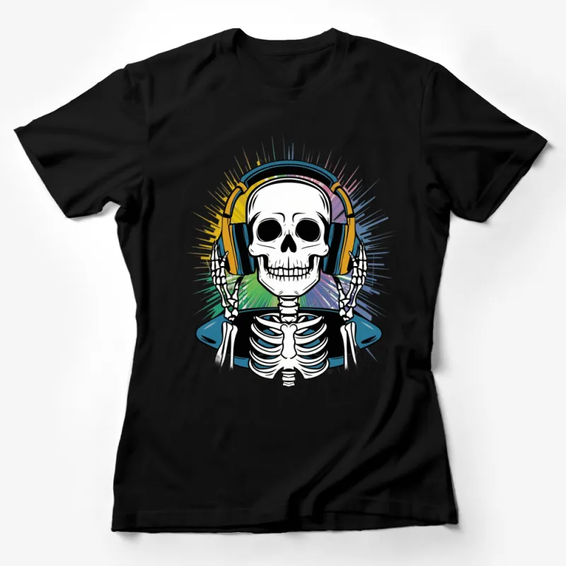 Cool Skeleton DJ with Headphones Graphic T-Shirt, Music Lover Unisex Tee, Trendy Skull Design Casual Wear Female T-Shirt