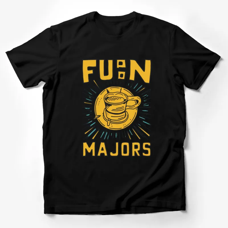 Fun Majors Coffee Cup Graphic T-Shirt - Bold Yellow Comic Style Coffee Lover Tee Male T-Shirt