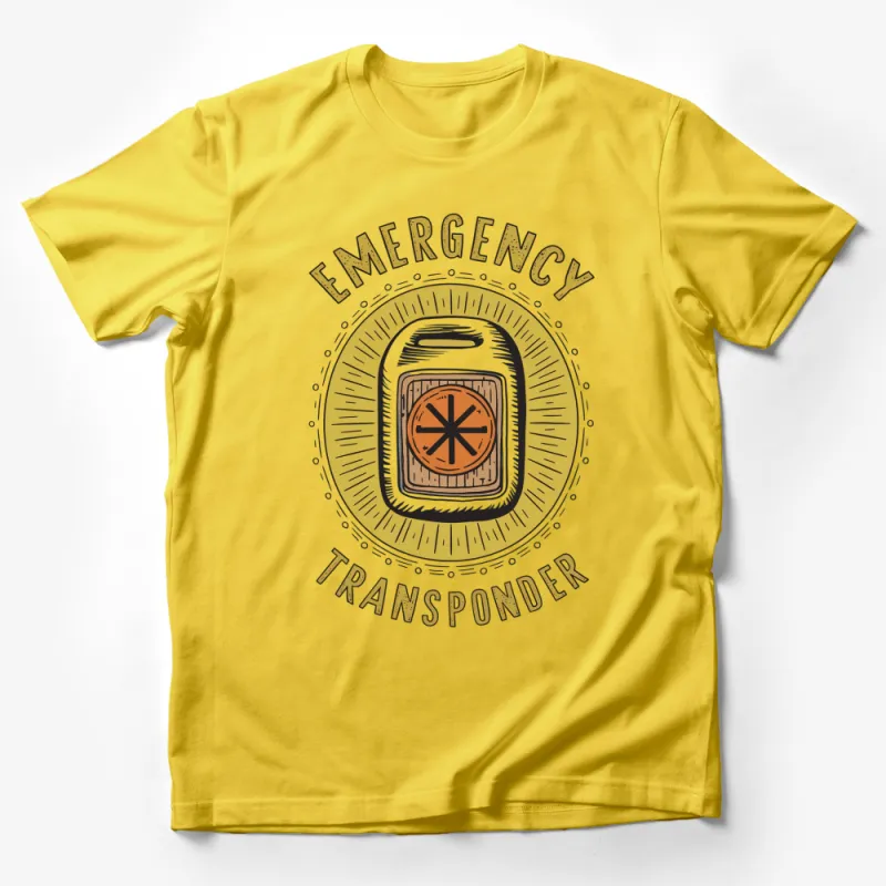 Emergency Transponder Graphic T-Shirt, Vintage Inspired Yellow and Black Design, Unisex Casual Wear Male T-Shirt