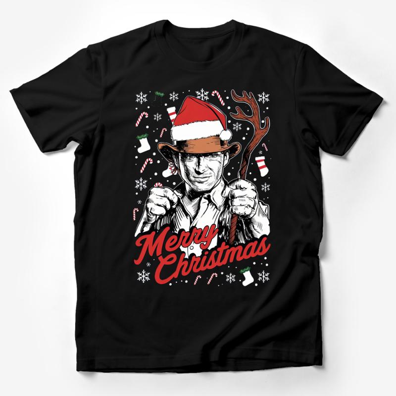 Vintage-Inspired Christmas Tee, Santa Hat Festive Holiday T-Shirt, Unique Graphic Xmas Shirt Male T-Shirt