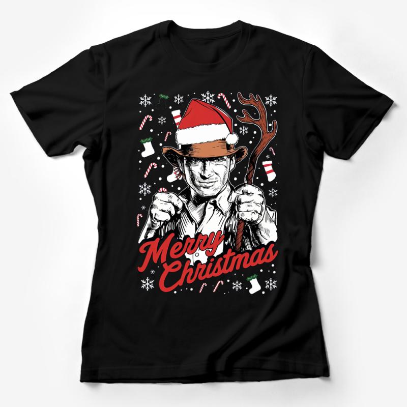 Vintage-Inspired Christmas Tee, Santa Hat Festive Holiday T-Shirt, Unique Graphic Xmas Shirt Female T-Shirt