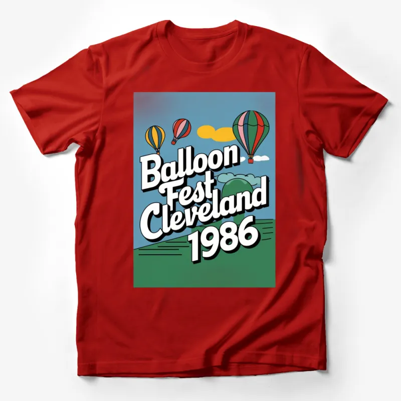 Vintage 1986 Cleveland Balloon Fest Graphic T-Shirt, Retro Hot Air Balloon Design, Colorful Sky Print Tee Male T-Shirt