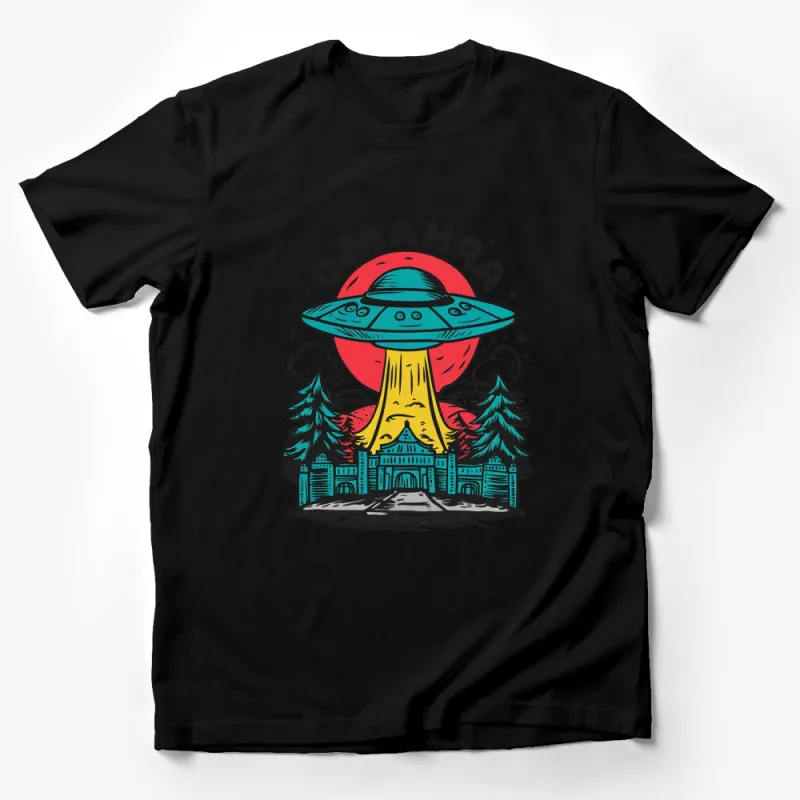 Omaha UFO Alien Abduction Cityscape Graphic T-Shirt, Retro Sci-Fi Tee, Unisex Casual Streetwear, Cool Space Design Male T-Shirt