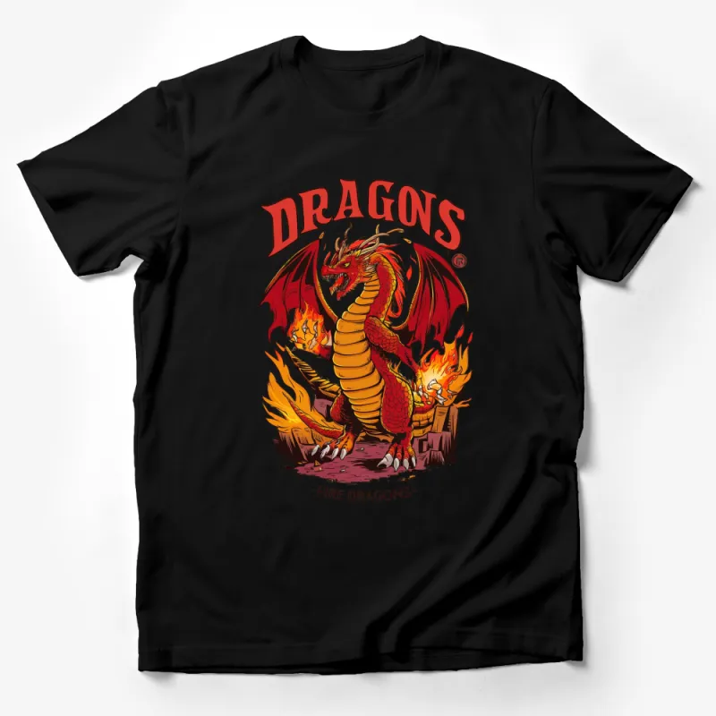 Fire Dragon Graphic T-Shirt, Bold Red and Gold Dragon Design, Fantasy Creature, Unisex Tee Male T-Shirt