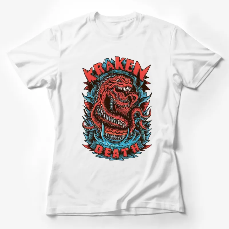 Kraken Death Graphic Tee, Mythical Sea Monster Red T-Shirt, Cool Fantasy Ocean Creature Design Female T-Shirt