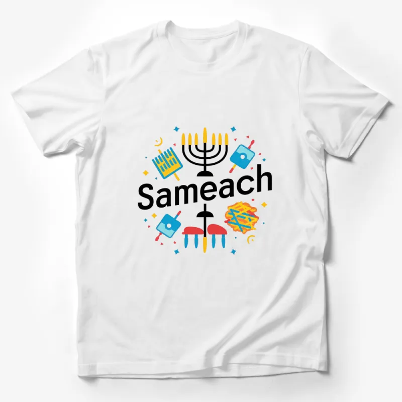 Sameach Colorful Menorah Design T-Shirt, Festive Hanukkah Graphic Tee, Jewish Holiday Apparel Male T-Shirt