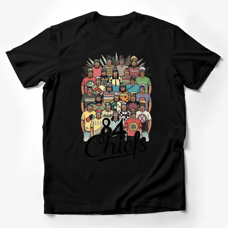 Vintage Style Chiefs T-Shirt, Colorful Illustrated Group Portrait Tee, Unique Graphic Design Top Male T-Shirt