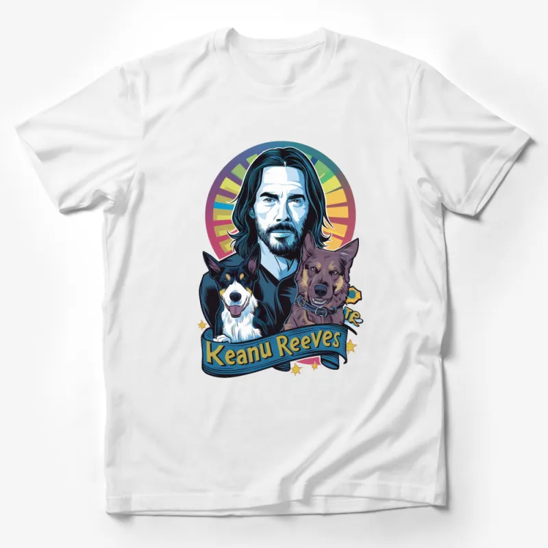 Keanu Reeves and Dogs Graphic Tee, Retro Style Colorful T-Shirt, Celebrity Actor Fan Shirt, Unique Unisex Gift Idea Male T-Shirt