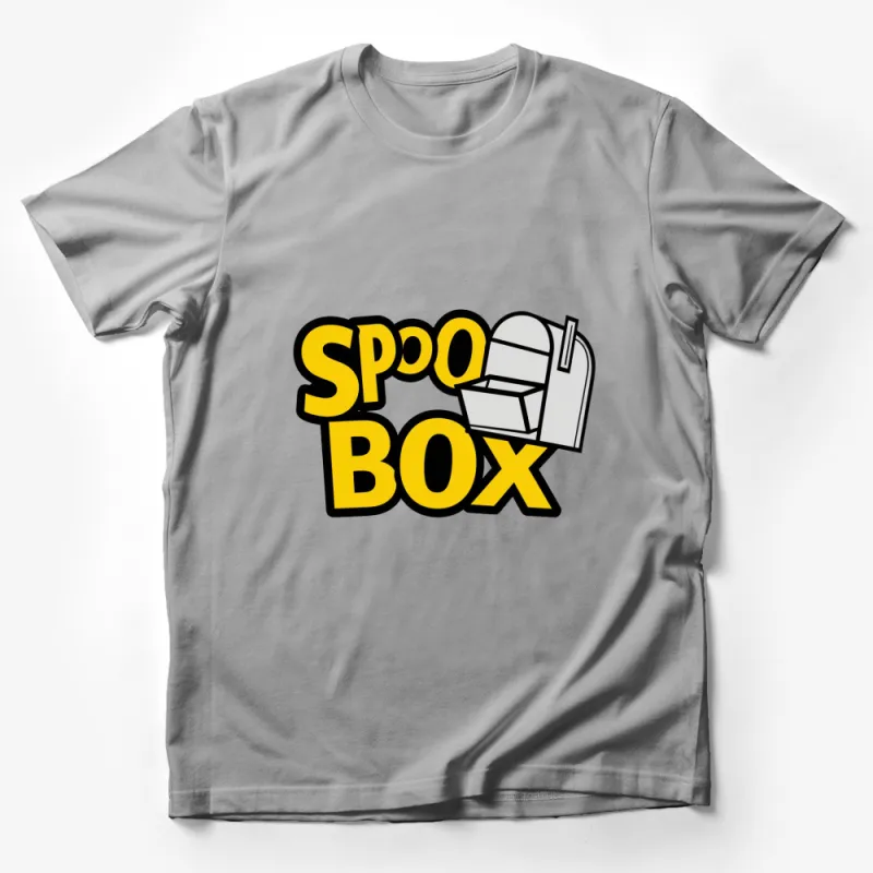 Spoo Box Logo T-Shirt, Bold Yellow Graphic Tee, Mailbox Cartoon Design Male T-Shirt