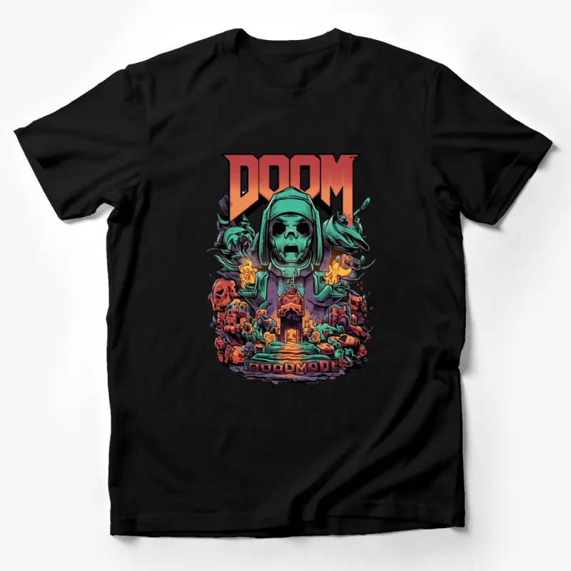 DOOM Godmode Skull Graphic Tee, Colorful Vintage Style Gaming Shirt Male T-Shirt