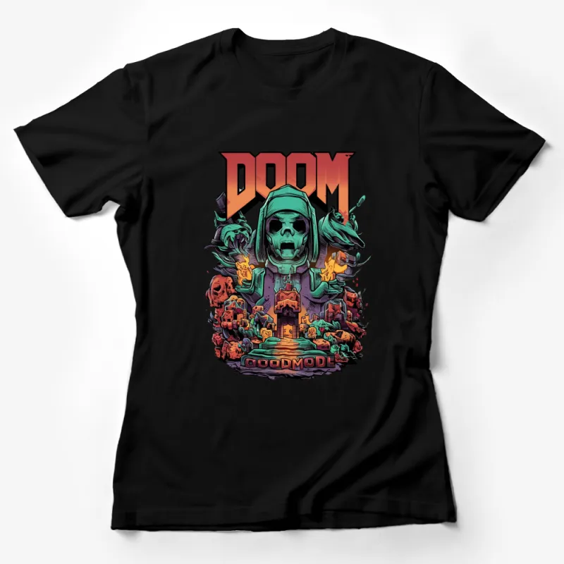 DOOM Godmode Skull Graphic Tee, Colorful Vintage Style Gaming Shirt Female T-Shirt