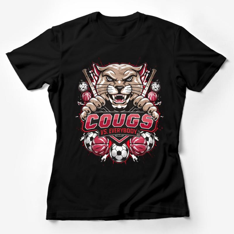 Aggressive Cougar Mascot Sports Team T-Shirt, Cougs Vs Everybody Graphic Tee, Baseball Soccer Basketball Female T-Shirt