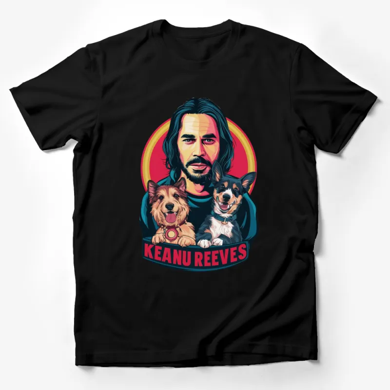 Keanu Reeves Fan Art T-Shirt, Colorful Celebrity Portrait with Dogs, Unique Pop Culture Apparel Male T-Shirt