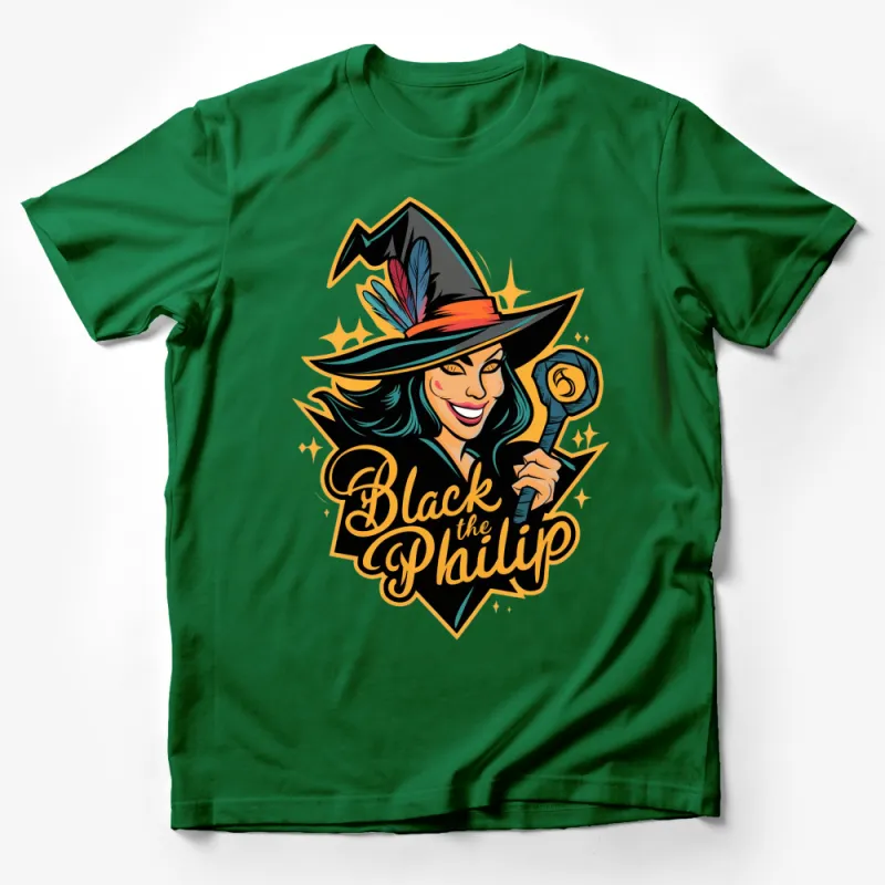 Witch Graphic T-Shirt, Black the Philip Witchy Tee with Hat - Unique Halloween Costume Shirt, Colorful Witch Design Male T-Shirt