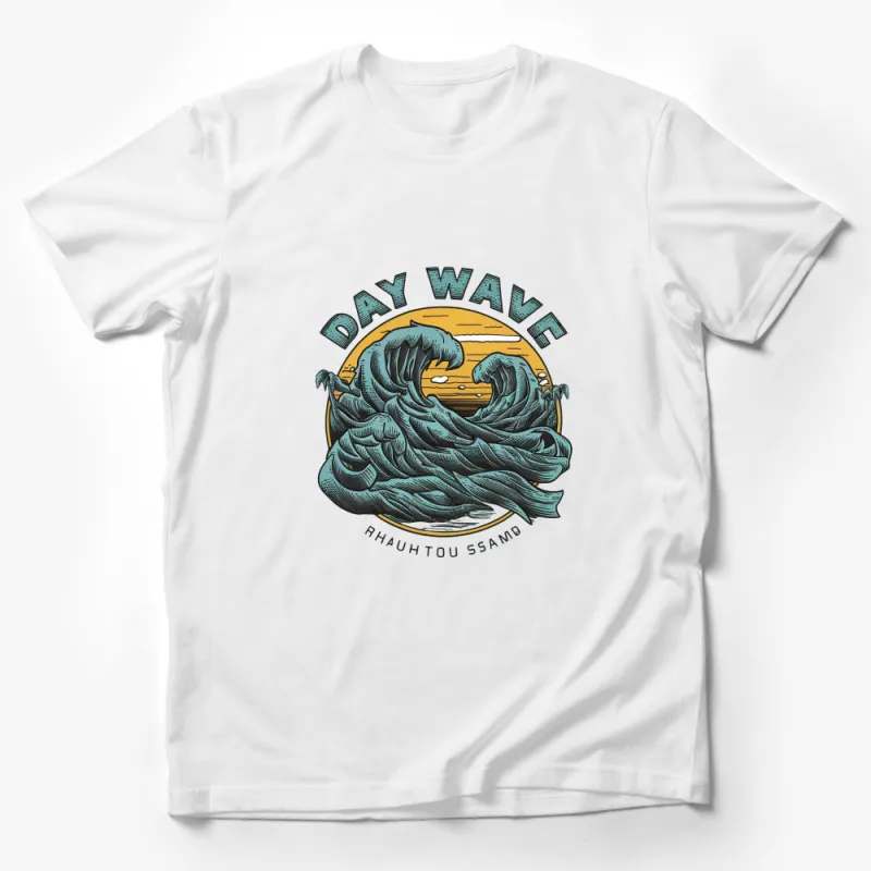 Day Wave Retro Ocean Print T-Shirt, Vintage Beach Wave Graphic Tee, Summer Casual Surfing Apparel Male T-Shirt