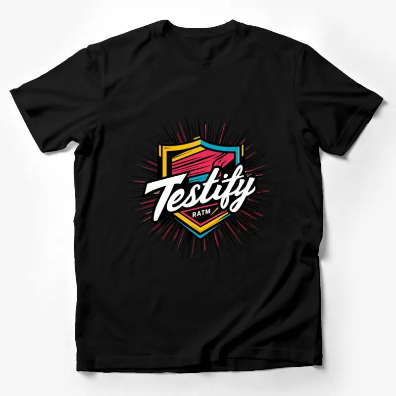 Retro Graphic T-Shirt, Testify Text in Bold Vintage Badge, Colorful Music Inspired Design Male T-Shirt