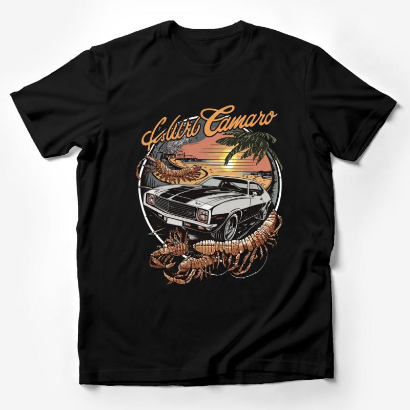 Vintage Car Beach Scene T-Shirt, Classic Camaro Sunset Graphic Tee, Unisex Summer Casual Wear Male T-Shirt