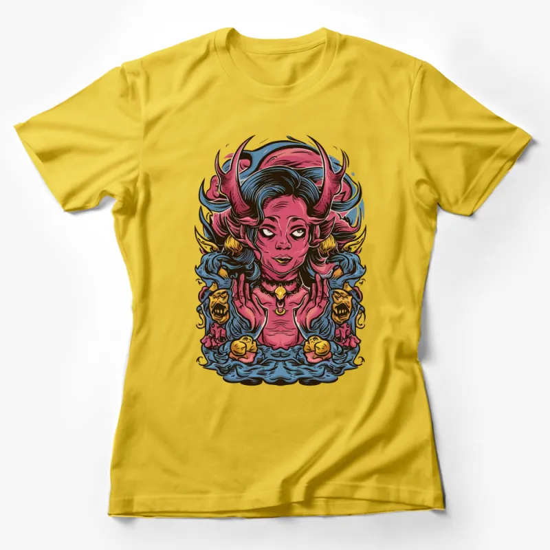 Vibrant Demon Queen Graphic T-Shirt, Colorful Fantasy Art, Women's Fashion Tee, Unique Illustration Apparel Female T-Shirt