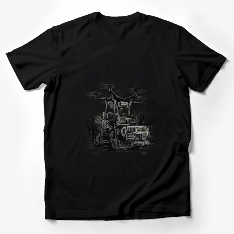 Rezodrne Sive Tou Mertt Drone and Truck Graphic T-Shirt, Unique Monochrome Illustration Tee, Vintage Style Shirt for Men and Women Male T-Shirt